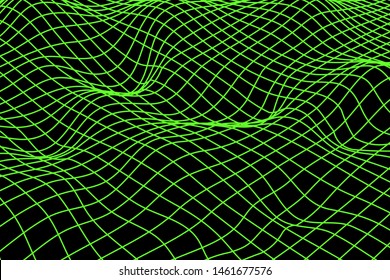 Abstract black and green futuristic 3D map. 3D space landscape background. Vector grid. The retro style of the 80-s, 90-s.