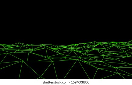 Abstract black and green futuristic 3D map. 3D space landscape background. Vector grid. The retro style of the 80-s, 90-s.