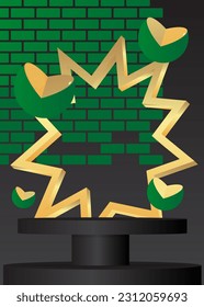 Abstract black, green and gold cylinder pedestal podium. Mockup futuristic product display. Vector 3D minimal geometric stage showcase for presentation.