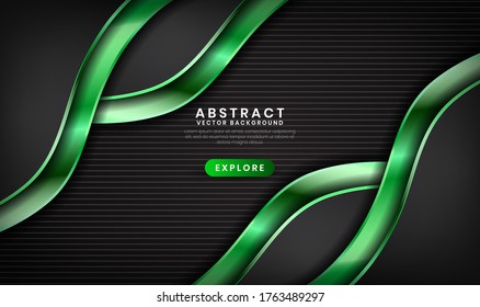 Abstract black and green metallic background with waves style. Overlap layer on dark space with stripes patterns. Modern graphic design template elements for poster, flyer, brochure, or landing page