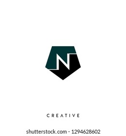 abstract black and green n logo letter in geometric pentagon shape design concept
