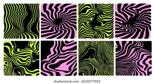 Abstract black, green and pink patterns with dynamic, wavy zebra-like texture in four square segments, offering a bold and striking visual contrast for artistic and design purposes.