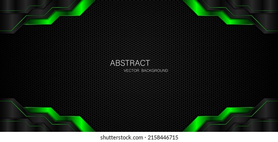 Abstract black and green polygon with green glow lines on dark steel mesh background with free space for design. modern technology innovation concept background
