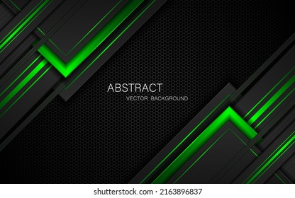 Abstract black and green polygon with green glow lines on dark steel mesh background with free space for design. modern technology innovation concept background
