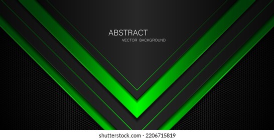 Abstract black and green polygon with green glow lines on dark steel mesh background with free space for design. modern technology innovation concept background
