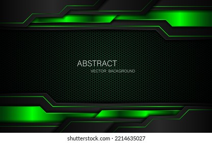 Abstract black and green polygon with green glow lines on dark steel mesh background with free space for design. modern technology innovation concept background
