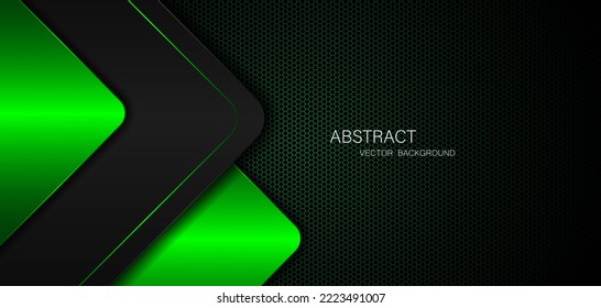 Abstract black and green polygon with green glow lines on dark steel mesh background with free space for design. modern technology innovation concept background	
