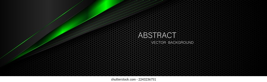 Abstract black and green polygon with green glow lines on dark steel mesh background with free space for design. modern technology innovation concept background	