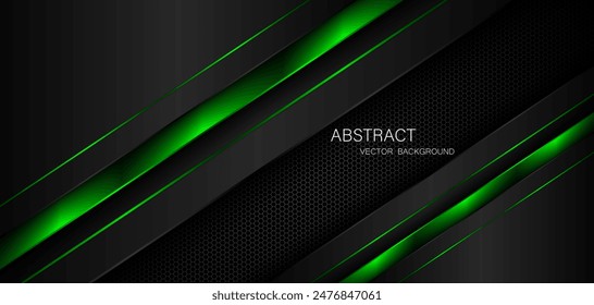 Abstract black and green polygon with green glow lines on dark steel mesh background with free space for design. modern technology innovation concept background	