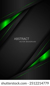 Abstract black and green polygon with green glow lines on dark steel mesh background with free space for design. modern technology innovation concept background