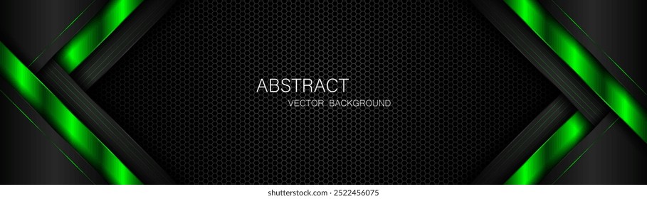 Abstract black and green polygon with green glow lines on dark steel mesh background with free space for design. modern technology innovation concept background	