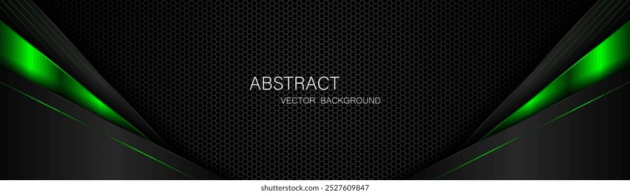 Abstract black and green polygon with green glow lines on dark steel mesh background with free space for design. modern technology innovation concept background
