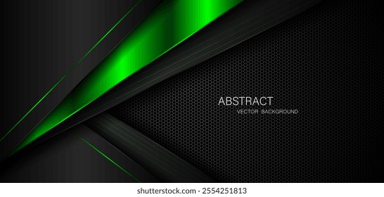 Abstract black and green polygon with green glow lines on dark steel mesh background with free space for design. modern technology innovation concept background	