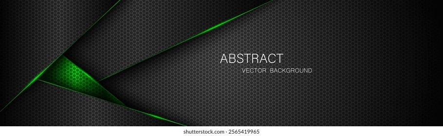 Abstract black and green polygon with green glow lines on dark steel mesh background with free space for design. modern technology innovation concept background	
