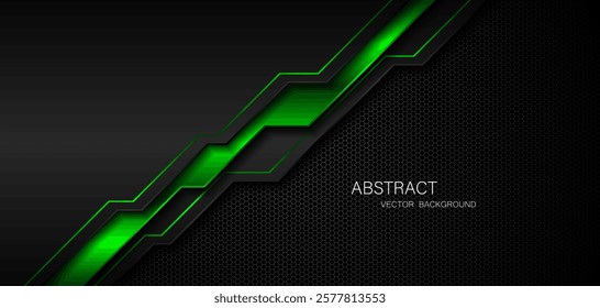 Abstract black and green polygon with green glow lines on dark steel mesh background with free space for design. modern technology innovation concept background	