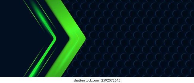 Abstract black and green polygon with green glow lines on dark steel mesh background with free space for design.