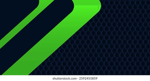 Abstract black and green polygon with green glow lines on dark steel mesh background with free space for design.
