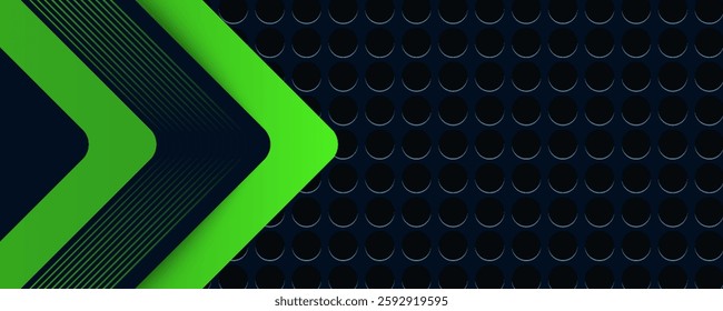 Abstract black and green polygon with green glow lines on dark steel mesh background with free space for design.