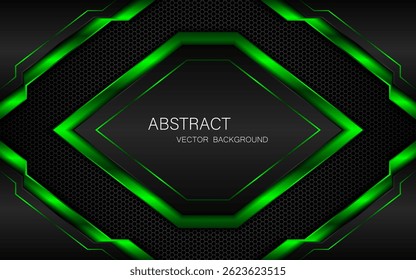 Abstract black and green polygon with green glow lines on dark steel mesh background with free space for design. modern technology innovation concept background	