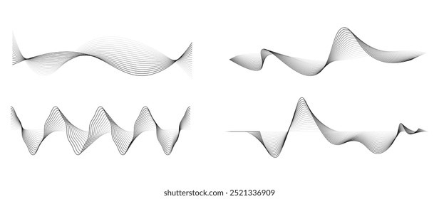 Abstrato preto e cinza fluindo linhas gradiente onda de vibração conjunto isolado no fundo transparente. Forma de onda de áudio de som equalizador, padrão de linha ondulada no conceito de tecnologia, aprendizagem de máquina, IA