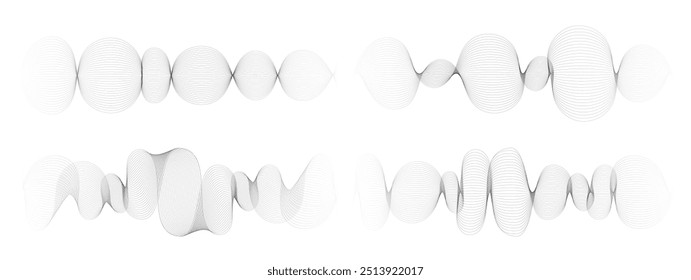 Abstract black and grey vibration wave set. Collection of sound audio wavy line, dotted halftone and waveform. Element on white background for business, science, music and technology.