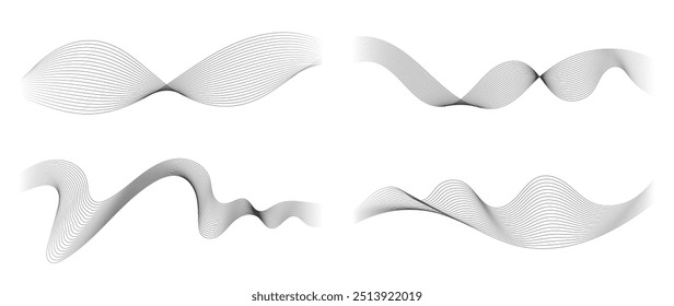 Abstraktes schwarzes und graues Vibrationswellenset. Kollektion von Audio-Wellenlinie, gepunkteter Halbton und Wellenform. Element auf weißem Hintergrund für Wirtschaft, Wissenschaft, Musik und Technologie.