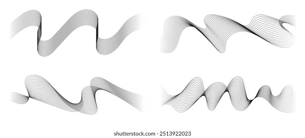 Abstractas conjunto de ondas de vibración negro y gris. Colección de audio de sonido de línea ondulada, semitono punteado y forma de onda. Elemento sobre fondo blanco para negocios, ciencia, música y tecnología.