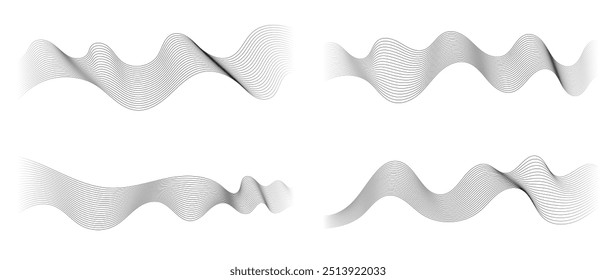 Abstrato conjunto de ondas de vibração preto e cinza. Coleção de linha ondulada de áudio de som, meio-tom pontilhado e forma de onda. Elemento sobre fundo branco para negócios, ciência, música e tecnologia.