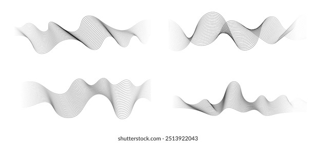 Abstract black and grey vibration wave set. Collection of sound audio wavy line, dotted halftone and waveform. Element on white background for business, science, music and technology.