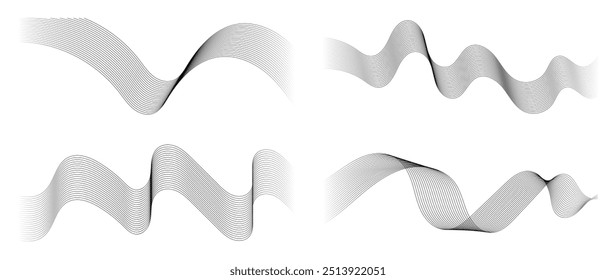 Abstract black and grey vibration wave set. Collection of sound audio wavy line, dotted halftone and waveform. Element on white background for business, science, music and technology.