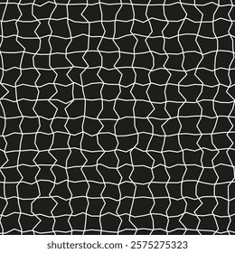 Abstract black grid. Irregular web pattern. Cracked white lines. Vector seamless texture.