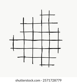 Abstract black grid, isolated element. Hand-drawn lines form a grid pattern. Minimalist design with intersecting lines creating a unique grid effect. Simple black line art doodle vector.