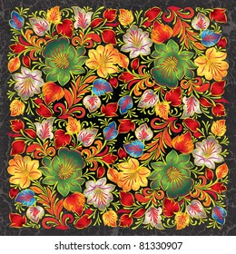abstract black grunge background with color floral ornament