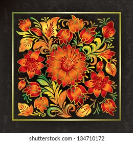 abstract black grunge background with red floral ornament