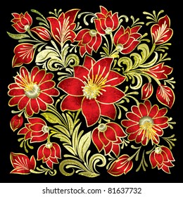 abstract black grunge background with red floral ornament