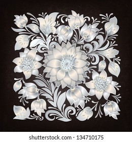abstract black grunge background with white floral ornament