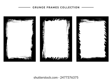 Abstract black grunge brush stroke frames picture set on white background 