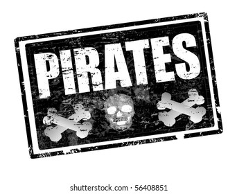 Abstract black grunge office rubber stamp with skull shape and the word pirates written inside