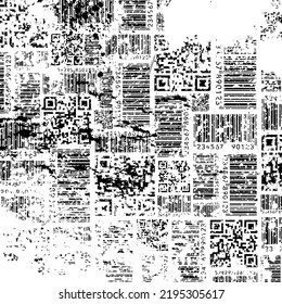 Abstract black grunge qr barcode background with different design elements