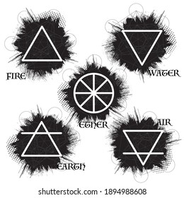 Resumen de salpicaduras de grano negro con diferentes elementos de diseño aislados sobre fondo blanco. Cuatro símbolos de elementos naturales con decoración hexagonal y texto