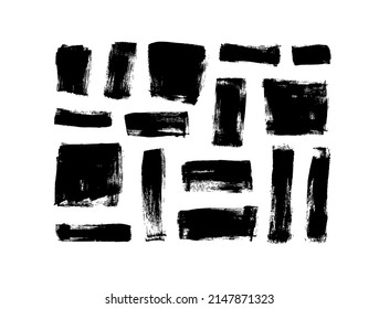 Abstract black grunge squares and lines collection. Vector black painted squares or rectangular shapes. Vertical and horizontal rectangles. Set of grunge square template backgrounds. 