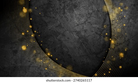 Abstract black grunge wall background with golden wavy lines and bokeh lights. Vector retro vintage design