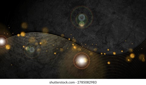 Abstract black grunge wall background with golden wavy lines and bokeh lights. Vector retro vintage design