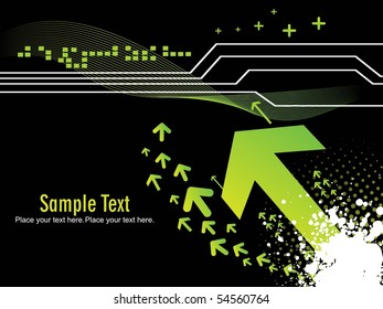 abstract black grungy background with green arrowhead, wave
