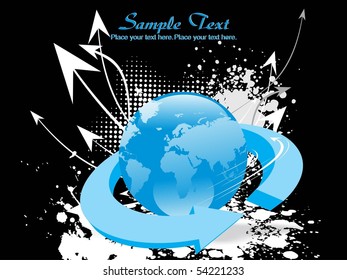 abstract black grungy dotted background with curve arrowhead, globe