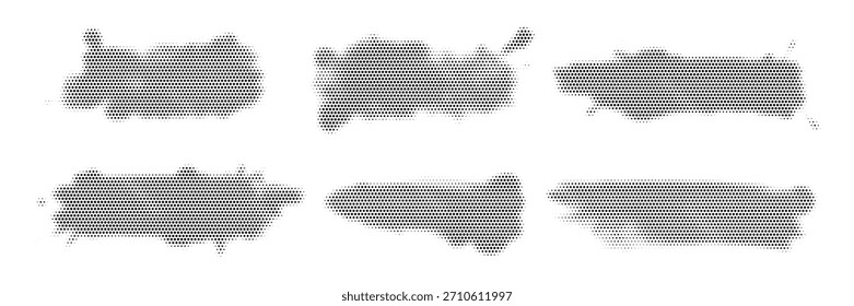 Abstrakte schwarze Halbtonfleckformen in Raster angeordnet, ideal für modernes Design, Textur oder Muster verwenden.