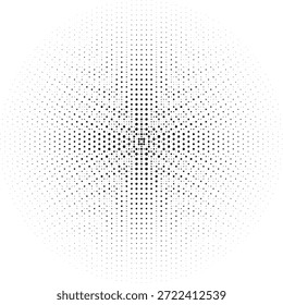 Padrão de pontos de meio-tom preto abstrato com simetria radial em fundo branco. Textura geométrica mínima para design moderno, conceito de tecnologia, cartaz, marca e pano de fundo digital.