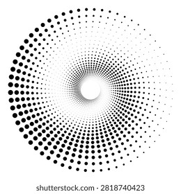 Abstract black halftone dots arranged in a circular spiral with radial symmetry on a white background. Minimal geometric design featuring expanding dot sizes and ample copy space.