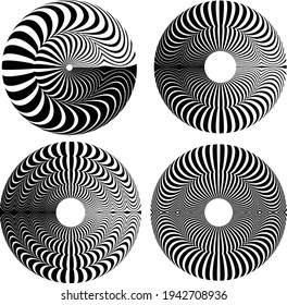 abstrakte schwarze Halftonpunkte oder Kreise gesetzt. Schwarze Halbtonpunkte in Wirbelform. Geometrische Kunst. Trendy design element.Circular and radial lines volute, helix.Segmentierte kreis mit Rotation