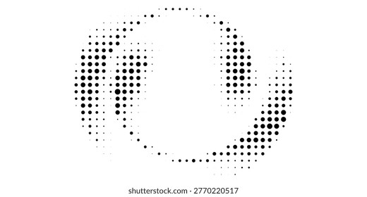 Abstract black halftone dots spiral curve shape on white background